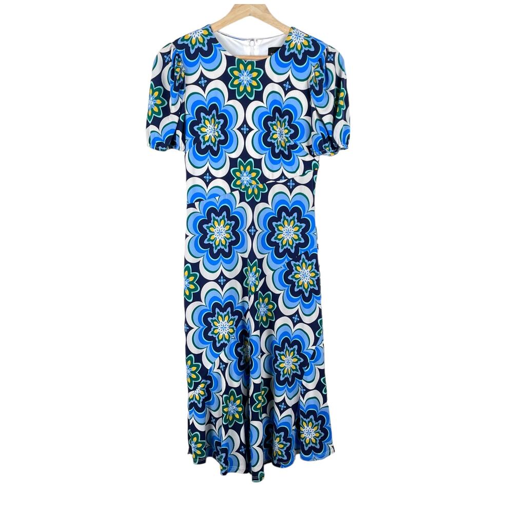 Donna Morgan Jewel Neck Floral Midi Dress in Navy Blue / Everglade Size 0
